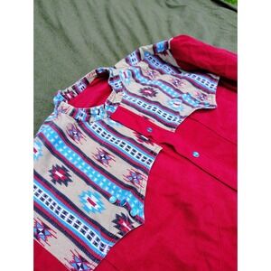 Vintage Aztec Pearl Snap‎ Shirt Romper Mens XL Red Hand Sewn Fleece Western